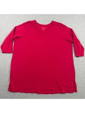 Woman Within Women's Plus L Red V-Neck 3/4 Sleeve Cotton Top